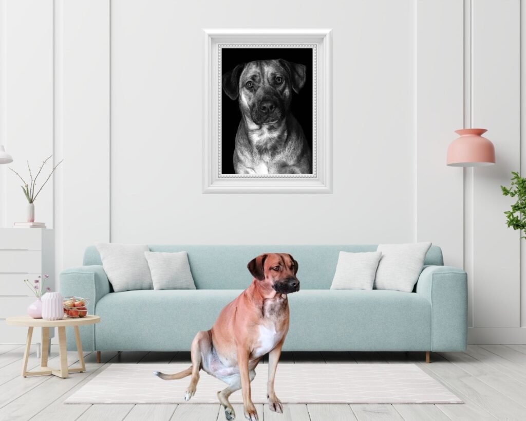 Rosie in front of her Pet Portrait