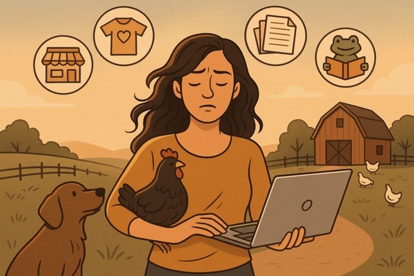 A thoughtful solo entrepreneur in a rural sunrise setting, surrounded by chickens and dogs, holding a laptop. Nearby, a playful cartoon frog (Ferdi) peeks out from a small pond, and colorful endangered-species t-shirts (Honey Bee, Sea Turtle, Vaquita, Saimaa Ringed Seal) are visible. The scene blends creative chaos with heartfelt purpose.